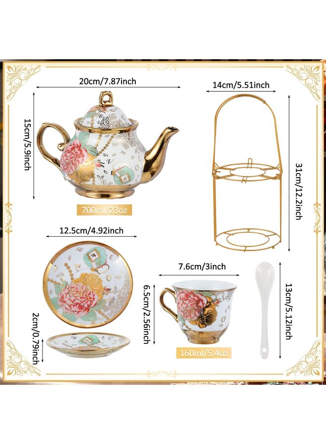 يُسلِّم طقم شاي من البورسلين مكون من 20 قطعة مع حامل معدني وملعقة، طقم شاي سيراميك مزين برسومات زهور أوروبية، إبريق شاي، كوب، صحن، وملعقة، للنساء، مقاس كبير - Image 2